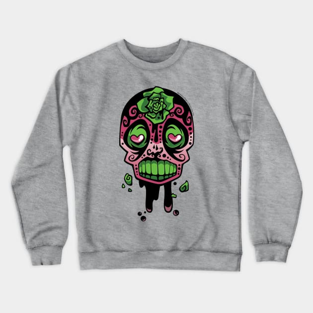 Pink and Green Ink-Rose Skull Crewneck Sweatshirt by Shanimation